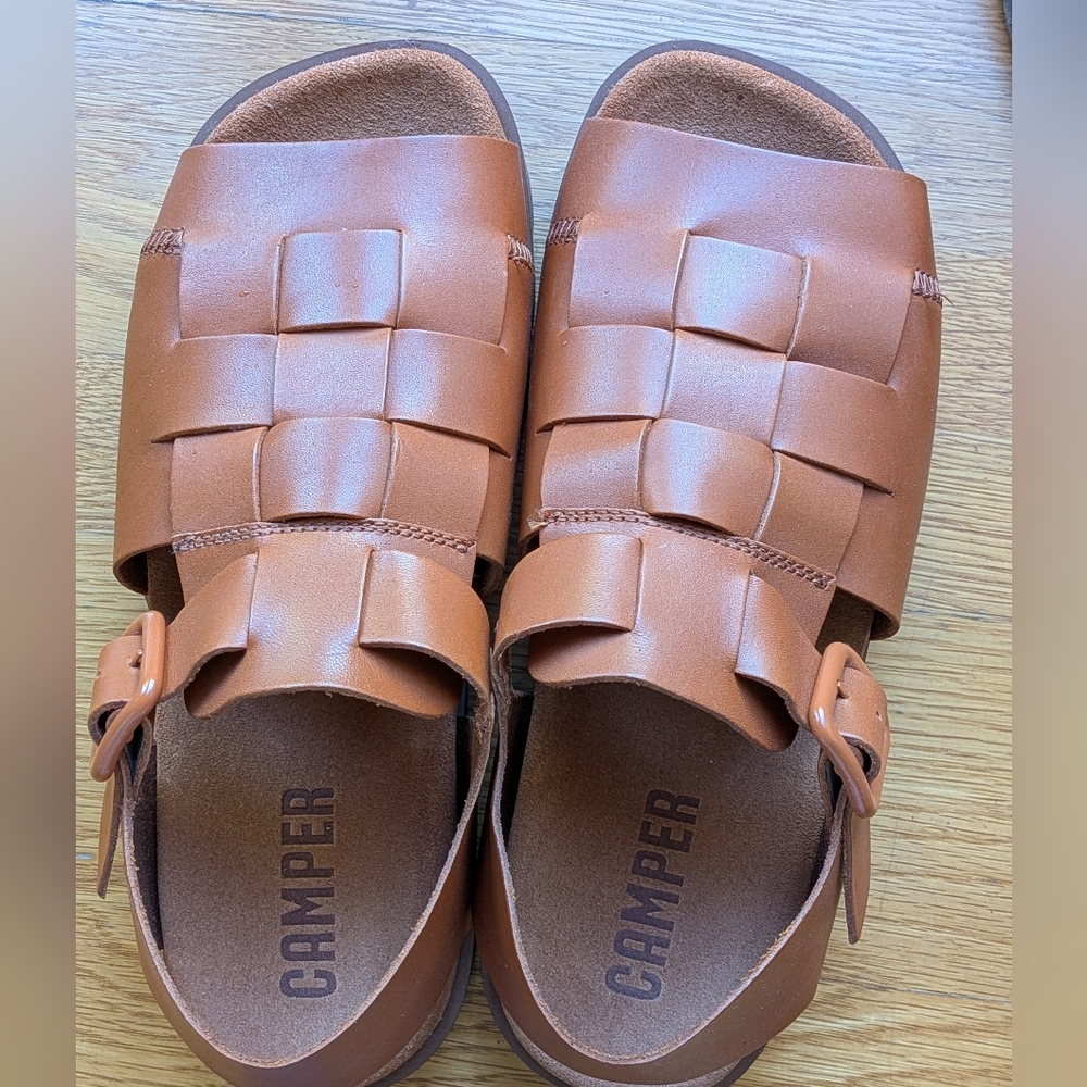 Camper Tan Woven Leather Buckle Sandals